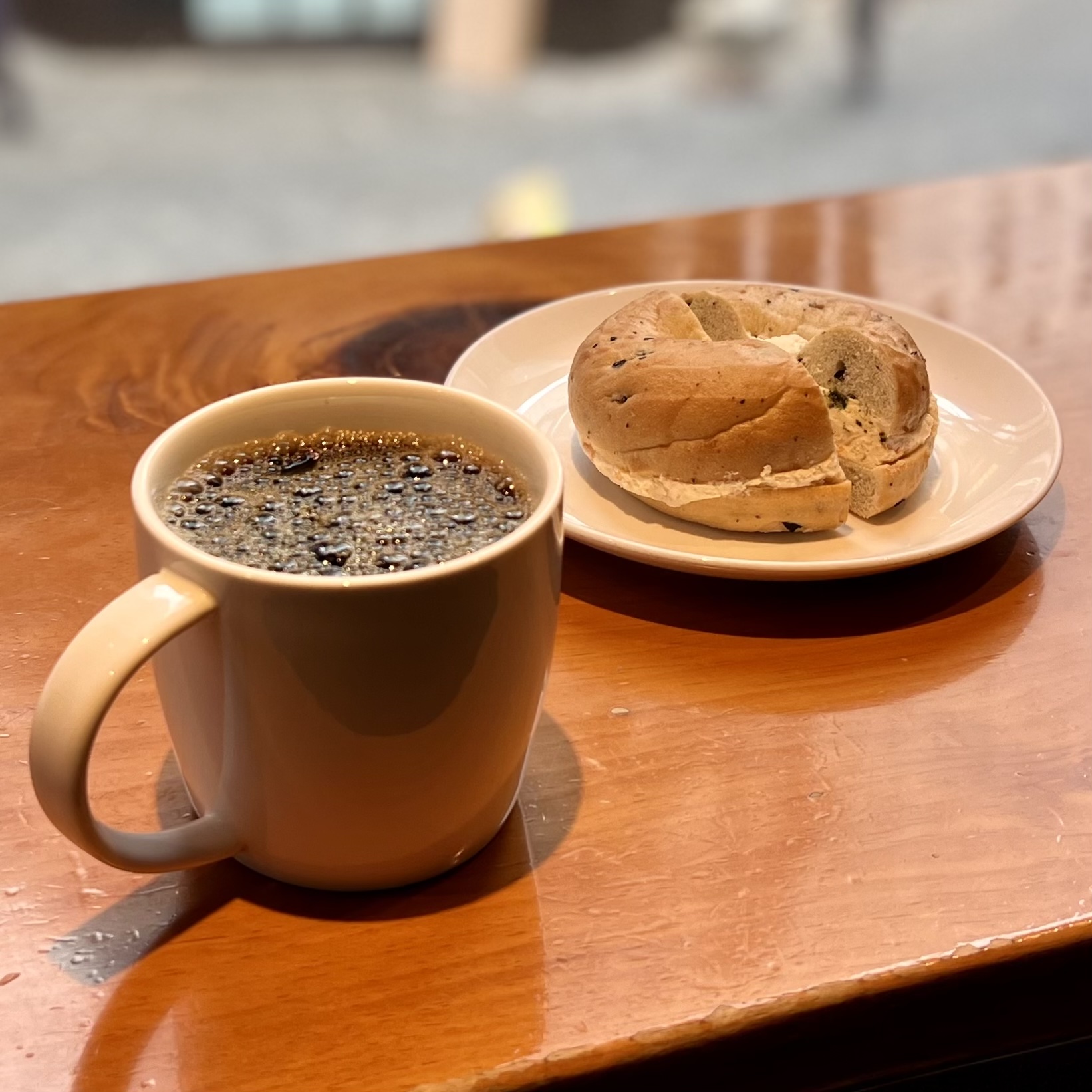 Basil Tomato Cream Cheese Bagel & Today's Coffee